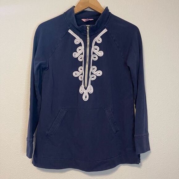 Lilly Pulitzer Popover Navy Quarter Zip Sweatshirt Size M - Picture 1 of 8
